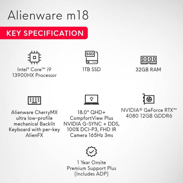 Dell [SmartChoice] Alienware m18 R1 Gaming Laptop, Intel Core i9-13900HX /32GB /1TB SSD/NVIDIA RTX 4080 12GB GDDR6 /18.0"(45.72cm) QHD 165Hz /15 Month McAfee/Backlit KB with per-Key AlienFX /3.86kg - Image 3