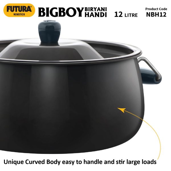 Hawkins Futura 12 Litre BigBoy Biryani Handi, Non Stick Pot with Hard Anodised Lid, Sauce Pan for Cooking and Serving Biriyani, Black (NBH12) Aluminium - Image 2