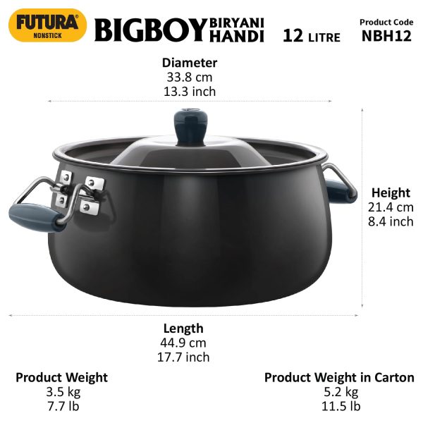 Hawkins Futura 12 Litre BigBoy Biryani Handi, Non Stick Pot with Hard Anodised Lid, Sauce Pan for Cooking and Serving Biriyani, Black (NBH12) Aluminium