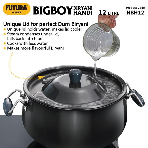 Hawkins Futura 12 Litre BigBoy Biryani Handi, Non Stick Pot with Hard Anodised Lid, Sauce Pan for Cooking and Serving Biriyani, Black (NBH12) Aluminium - Image 3