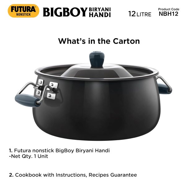 Hawkins Futura 12 Litre BigBoy Biryani Handi, Non Stick Pot with Hard Anodised Lid, Sauce Pan for Cooking and Serving Biriyani, Black (NBH12) Aluminium - Image 5