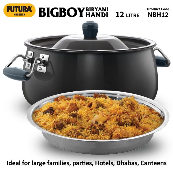 Hawkins Futura 12 Litre BigBoy Biryani Handi, Non Stick Pot with Hard Anodised Lid, Sauce Pan for Cooking and Serving Biriyani, Black (NBH12) Aluminium - Image 4