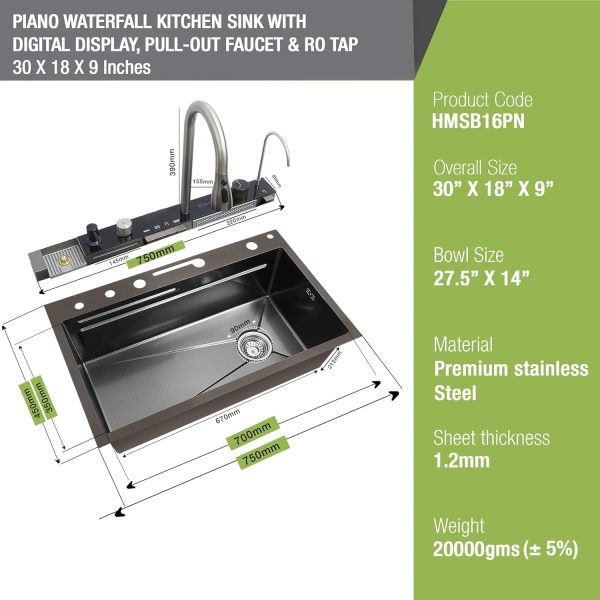 LIPKA Piano Premium Stainless Steel Kitchen Sink with Integrated Waterfall Digital Display Pull-out Mixer Faucet and RO Tap | 30x18x9 inches | Single Bowl Kitchen Sink | Anty Stratch Honeycomb Finish - Image 3