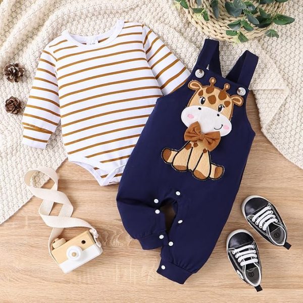 TOKIAGO Baby Boy Clothes Newborn Outfits Fall Winter Stripe Romper Infant Cartoon Overall Adjustable Suspender Pants Set