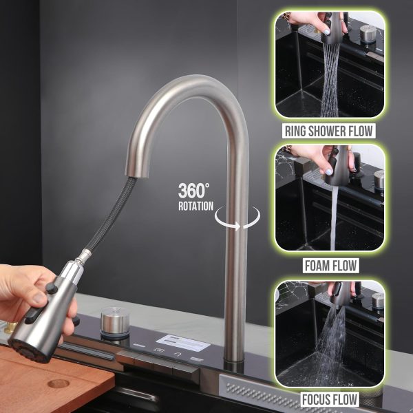 LIPKA Piano Premium Stainless Steel Kitchen Sink with Integrated Waterfall Digital Display Pull-out Mixer Faucet and RO Tap | 30x18x9 inches | Single Bowl Kitchen Sink | Anty Stratch Honeycomb Finish - Image 2