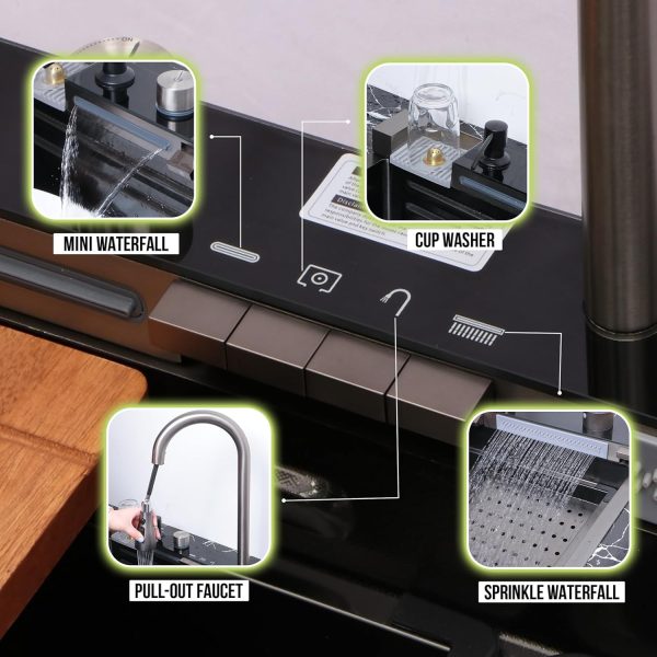 LIPKA Piano Premium Stainless Steel Kitchen Sink with Integrated Waterfall Digital Display Pull-out Mixer Faucet and RO Tap | 30x18x9 inches | Single Bowl Kitchen Sink | Anty Stratch Honeycomb Finish - Image 4