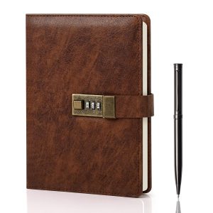 WEMATE Diary with Lock, A5 PU Leather Journal with Lock 240 Pages, Vintage Lock Journal Password Protected Notebook with Pen & Gift Box, Lock Diary Planner Organizer for Men and Women, 8.6x5.8in